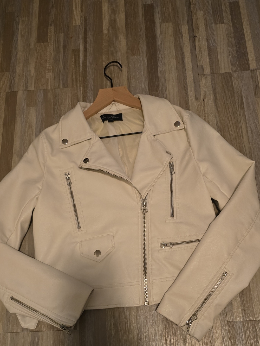 Love Tree Cream Moto-Style Faux Leather Jacket